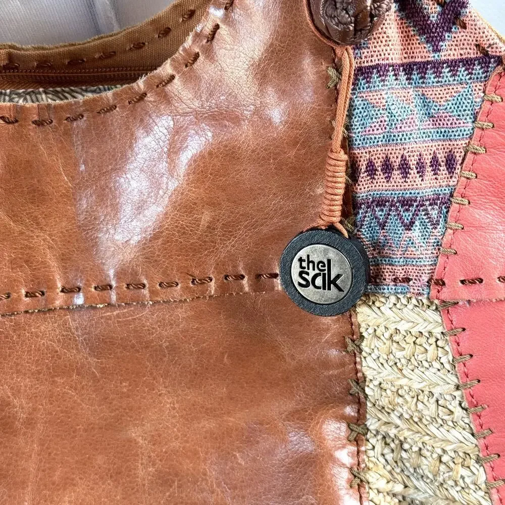 The Sak Indio Leather Boho Hobo Shoulder Bag Patchwork Satchel Woven Peach EUC